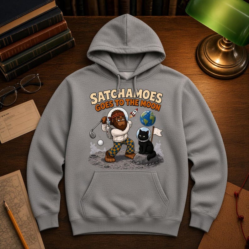 Funny Moon Hoodie Men Women, Sasquatch Astronaut Golf Sweatshirt, Space Gift Hoodie Black Cat Helmet, Satchamoes Goes to the Moon image 1