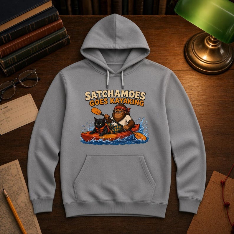 Puede incluir: Una sudadera con capucha gris que presenta un estampado gr&aacute;fico de una criatura marr&oacute;n con un pa&ntilde;uelo rojo y una camiseta blanca, remando en un kayak naranja con un gato negro. El texto SATCHAMOES GOES KAYAKING est&aacute; impreso en naranja.