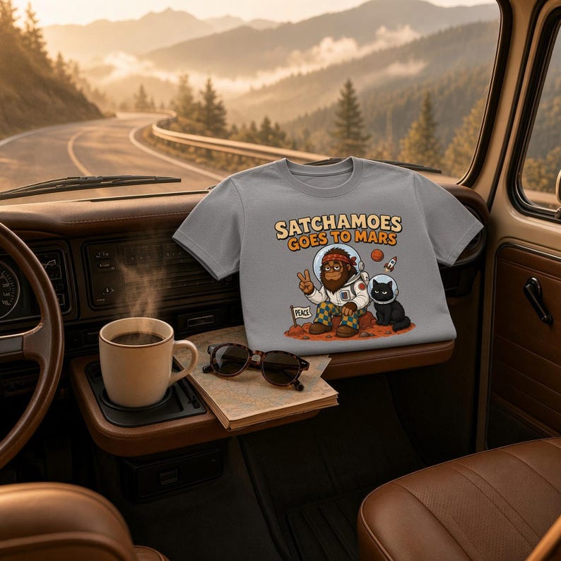 Puede incluir: Una camiseta gris con un gr&aacute;fico de un sasquatch de dibujos animados en traje espacial y un gato negro con casco espacial en Marte, con el texto SATCHAMOES GOES TO MARS, un gesto de paz y una peque&ntilde;a bandera con la palabra PEACE.