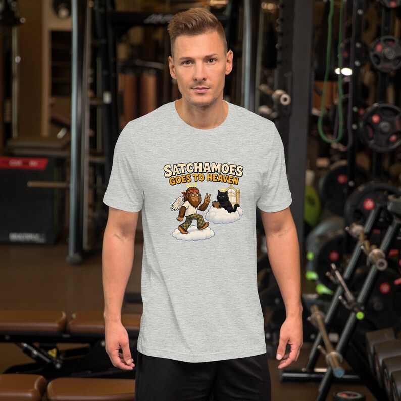 Funny Angel Shirt Men Women, Sasquatch Heaven Gift Tee, Halo Wings Shirt Black Cat Pearly Gates, Satchamoes Goes to Heaven image 2