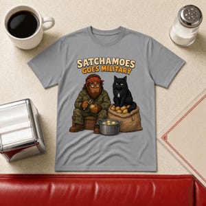 Funny Military Shirt Men Women, Sasquatch Army Gift Tee, KP Duty Potato Shirt with Black Cat, Satchamoes Goes Military