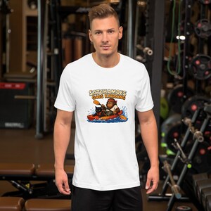 Satchamoes Goes Kayaking, Funny Kayak Shirt, Sasquatch Kayaking Tee, Funny Sasquatch Kayaker Gift, Wet Black Cat in Life Vest image 12