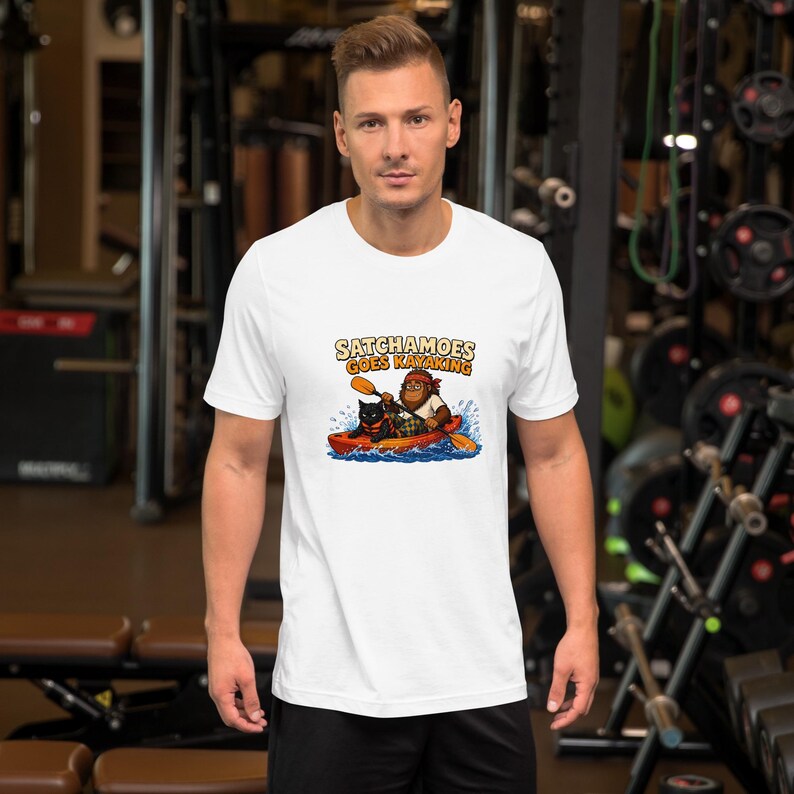 Satchamoes Goes Kayaking, Funny Kayak Shirt, Sasquatch Kayaking Tee, Funny Sasquatch Kayaker Gift, Wet Black Cat in Life Vest image 12