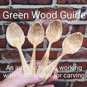 May include: Four hand-carved wooden spoons with light brown and tan tones are held in a hand against a brick wall background. The text "Green Wood Guide" and "An introduction to working with fresh timber for carving" are displayed.