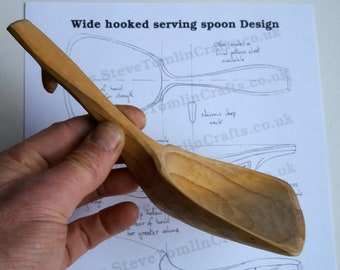 Wide serving spoon with hook wood carving pattern