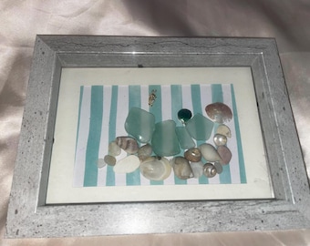 Seahorse and peal shell aqua seaglass and shells pebbles shiny framed picture handcrafted