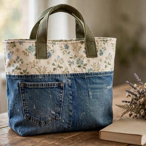 May include: A tote bag featuring a blue denim lower section with a visible pocket and a cream-colored upper section with a blue and green floral pattern. The bag includes two olive green fabric handles attached to the top.