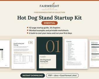 Hot Dog Stand Startup Guide, 42 Page Food Cart Business Guide, Opening and Closing Checklists, Recipe Costing Sheet, Printable PDF