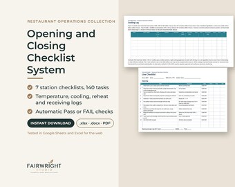May include: A digital restaurant operations collection featuring an opening and closing checklist system with 7 station checklists, 140 tasks, temperature, cooling, reheat, and receiving logs, plus automatic pass or fail checks in xlsx, docx, and PDF formats.