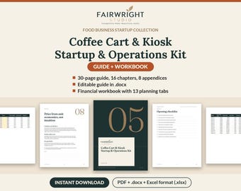 Coffee Cart & Kiosk Startup and Operations Kit, Coffee Business Plan, Financial Workbook, Menu Costing, Break Even, Checklists