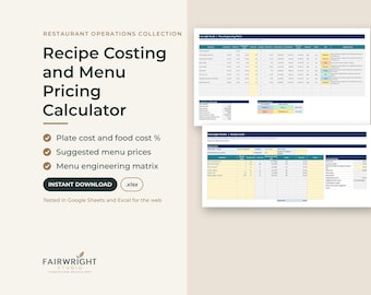 May include: A digital spreadsheet template titled Restaurant Operations Collection: Recipe Costing and Menu Pricing Calculator. It features a menu engineering matrix and recipe cards, with text indicating compatibility with Google Sheets and Excel.
