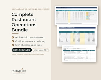 May include: A digital restaurant operations bundle featuring three spreadsheets for costing, inventory, and shift checklists. The text reads: Restaurant Operations Collection, Complete Restaurant Operations Bundle, All 3 tools in one download, Costing, inventory, ordering, Shift checklists and logs, INSTANT DOWNLOAD, .xlsx .docx .PDF, Tested in Google Sheets and Excel for the web, Fairwright Studio.