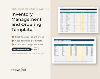 May include: A digital Restaurant Operations Collection Inventory Management and Ordering Template featuring a shelf-to-sheet count sheet, case-rounded par orders, and COGS and usage variance. Includes two spreadsheet previews and text for Google Sheets and Excel.