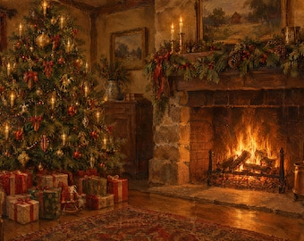 Christmas Frame TV Art | Fireside Christmas Tree | Vintage Painting 4K Download