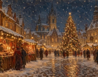 Christmas Frame TV Art | Christmas Market at Night | Vintage Painting 4K Download
