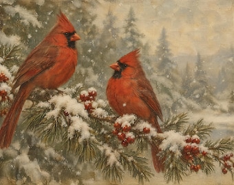 Christmas Frame TV Art | Cardinals in the Snow | Vintage Painting 4K Download