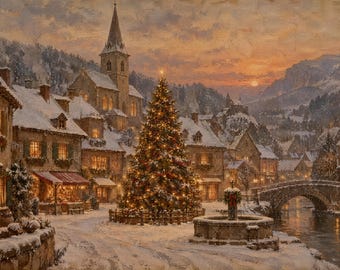 Christmas Frame TV Art | Snowy Village Square | Vintage Painting 4K Download