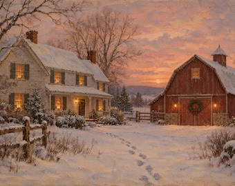 Christmas Frame TV Art | Farmhouse and Red Barn | Vintage Painting 4K Download