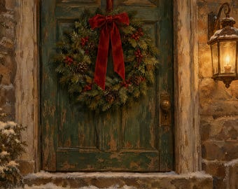 Christmas Frame TV Art | Wreath on the Green Door | Vintage Painting 4K Download