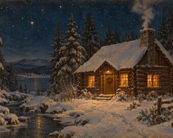 Christmas Frame TV Art | Cabin on Christmas Eve | Vintage Painting 4K Download