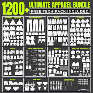 Puede incluir: Un gráfico digital que presenta el 1200+ Ultimate Apparel Bundle con Free Tech Pack Included. El diseño organiza iconos vectoriales blancos de sudaderas, camisetas, pantalones, chaquetas, bolsos, gafas, ropa deportiva, gorras, calcetines, guantes, boxers y lencería.
