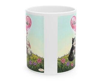 Taza de Gato y Conejito Amigos / Regalo de Navidad con Arte Infantil Dibujado a Mano / Diseños de Dora Taza de Café de Gato y Conejito de 325 ml