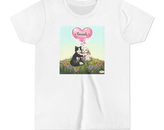 Camiseta infantil de Gato y Conejito Amigos / Regalo de Navidad para Niñas con Arte Infantil Dibujado a Mano / Diseños de Dora Youth Tee