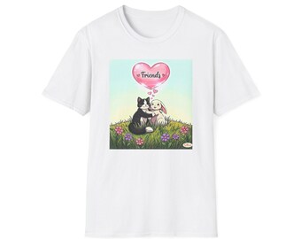 Camiseta de Gato y Conejito Amigos / Regalo de Navidad con Arte Infantil Dibujado a Mano / Diseños de Dora Camiseta de Gato y Conejito Lindos