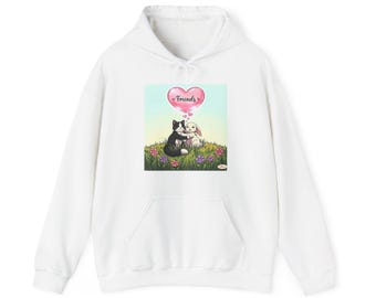 Sudadera con capucha de Gato y Conejito Amigos / Regalo de Navidad con Arte Infantil Dibujado a Mano / Diseños de Dora Sudadera Acogedora de Gato y Conejito