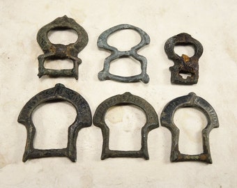 Antique Bronze Buckle, Ancient Brass Connector, Harness Buckle, Decorative Escutcheon, Small Plate, Dig Finds, Primitive Finding - set of 4