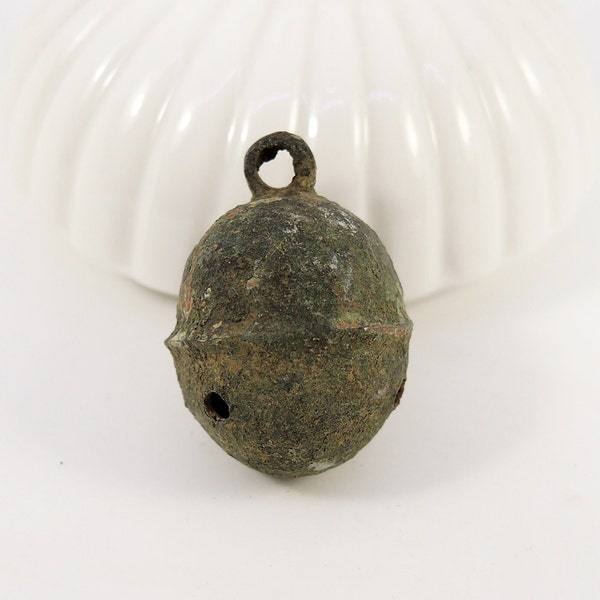 Antique Bronze Jingle Bell, Dig finds, Oval Ancient Bell, Small Primitive Charm - a16