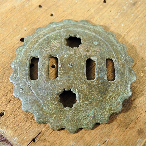 Antique Huge Brass Button, Bronze Connector, Round Plate, Decorative Escutcheon, Unusual Finding, Dig finds, Harness Detail - b8