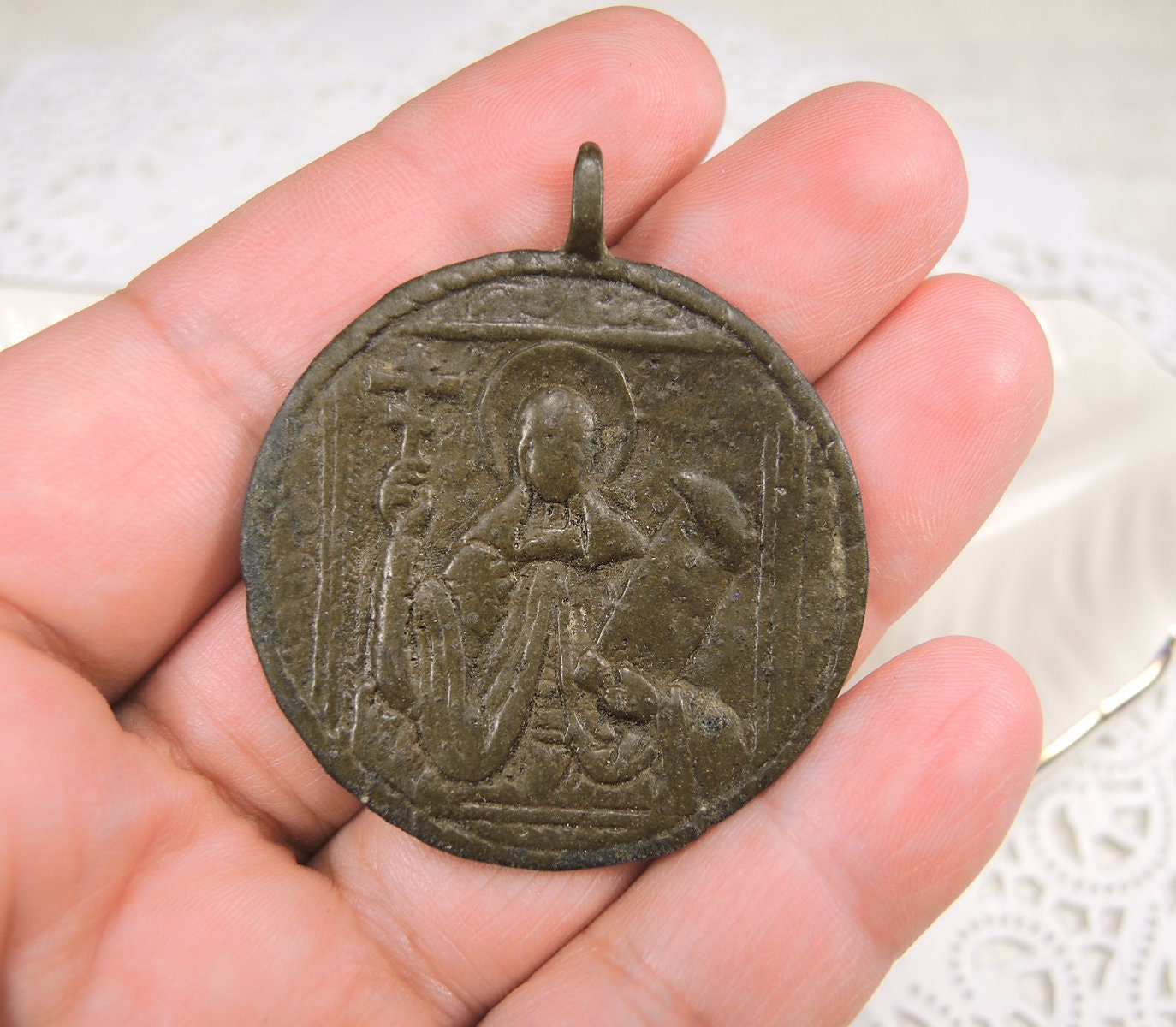 Antique Large Medallion Christian Brass Pendant Ancient Etsy