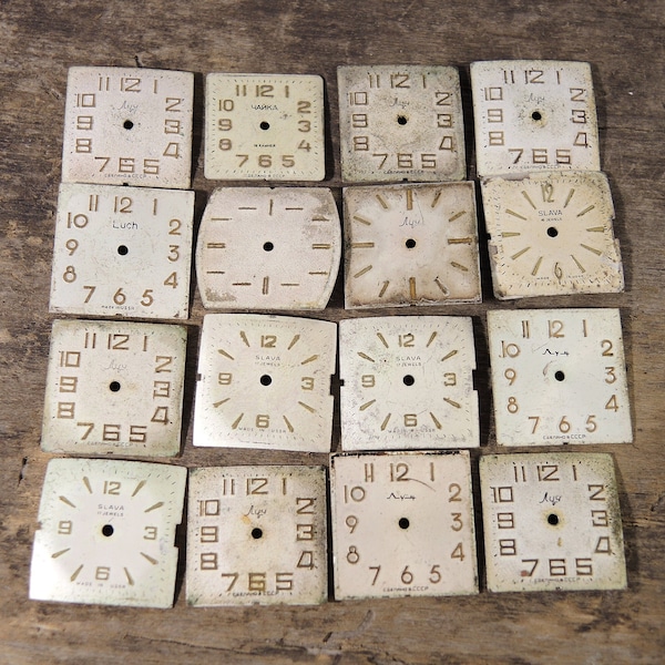 Vintage quadratische Zifferblätter - Mid Century Zifferblätter von mechanischen Uhren, vergoldete Ziffern, 1950er-1960er Jahre - 16er Set - c19