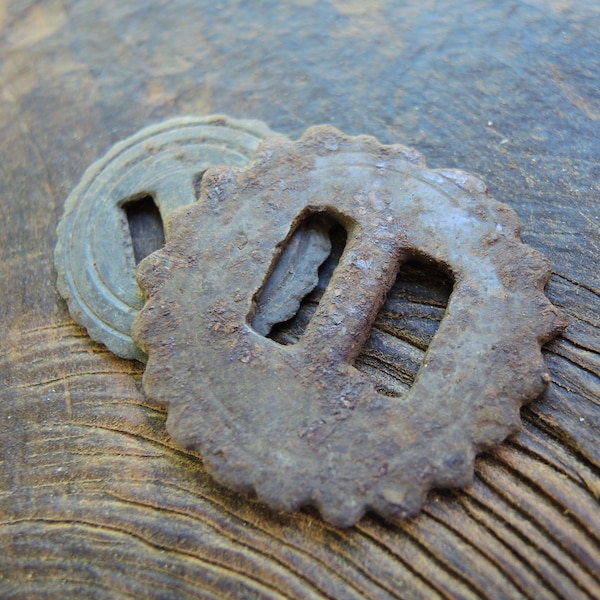 Antique Huge Brass Buttons, Bronze Connector, Round Escutcheon, Ancient Plate, Buckle Harness Part, Dig Finds - set of 2 - b85