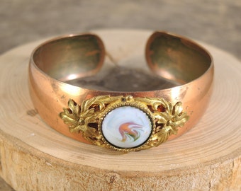 Vintage Copper Bracelet with Porcelain Cabochon, Wide Victorian Copper Bangle Bracelet for Women