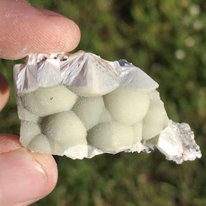 May include: A raw mineral specimen featuring pale green, rounded botryoidal formations clustered together. The surface is accented with white, fibrous, fan-shaped crystalline structures along the top and bottom edges of the stone fragment.