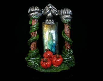 Handmade Clay Pumpkin Pendant: Labradorite Crystal Shrine, Fall Jewelry