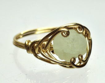 Handmade NJ Prehnite Crystal Ring, Gold Brass Wire Wrap