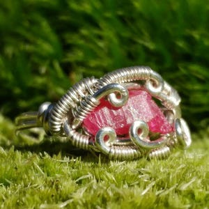 Burmese Ruby Ring, Handmade Silver Wire Wrap Jewelry, Size 5.5, UV Reactive