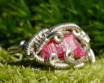 Burmese Ruby Ring, Handmade Silver Wire Wrap Jewelry, Size 5.5, UV Reactive