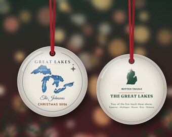Great Lakes Map Ornament 2026, Personalized Family Name Christmas Ornament, Lake House Gift, Double Sided Metal