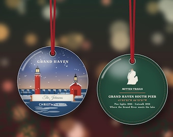 Grand Haven Lighthouse Ornament 2026, Personalized Family Name, Red Pier Lights in Winter Ice, Double Sided Metal Christmas Ornament