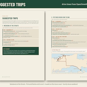 May include: A two-page travel guide titled 4 Suggested Trips featuring itineraries for Weekend at the Straits and Pictured Rocks End to End. The pages include text, lists of locations, and a map of the Pictured Rocks area with drive times.