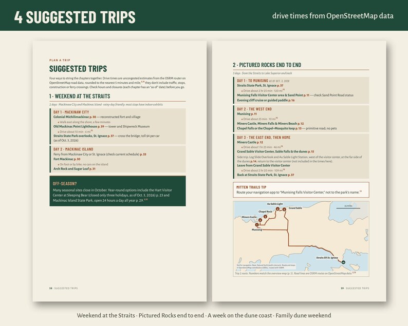 May include: A two-page travel guide titled 4 Suggested Trips featuring itineraries for Weekend at the Straits and Pictured Rocks End to End. The pages include text, lists of locations, and a map of the Pictured Rocks area with drive times.
