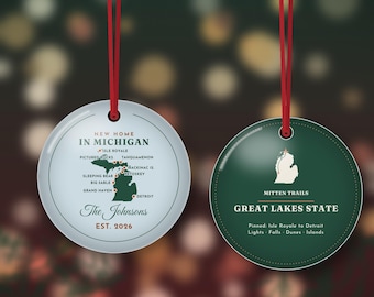 New Home in Michigan Ornament 2026, Personalized Family Name Housewarming Gift, Michigan Map Ornament, Double Sided Metal