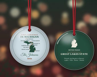 First Christmas in Michigan Ornament 2026, Personalized Family Name Michigan Map, New to Michigan Gift, Double Sided Metal