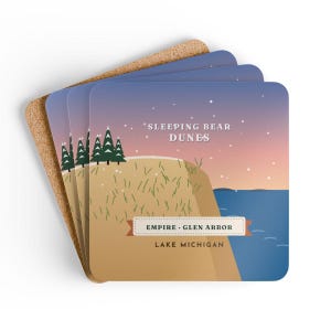 Sleeping Bear Dunes Coaster Set of 4, Four Identical Coasters, Lake Michigan Dune and Manitou Islands, High-Gloss MDF Top with Cork Back image 6