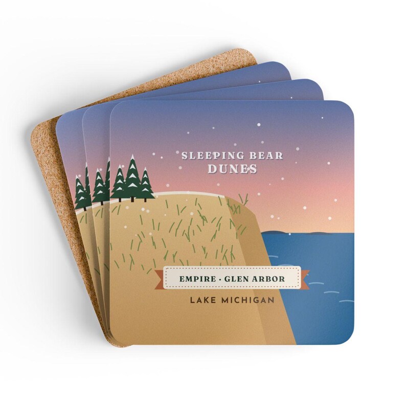 Sleeping Bear Dunes Coaster Set of 4, Four Identical Coasters, Lake Michigan Dune and Manitou Islands, High-Gloss MDF Top with Cork Back image 6