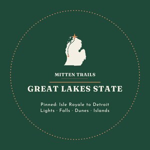 May include: A circular graphic on a dark green background featuring a cream-colored map of Michigan with a dotted trail and star. Text reads: MITTEN TRAILS, GREAT LAKES STATE, Pinned: Isle Royale to Detroit, Lights, Falls, Dunes, Islands.